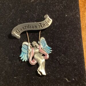Guardian Angel Pewter and Pink Brooch, Signed Spooniques